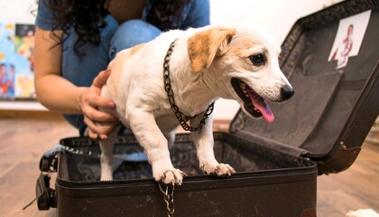 Woman helps dog enter suitcase, indoors