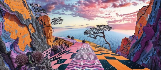 Abstract landscape with vibrant colors and surreal rocky formations  