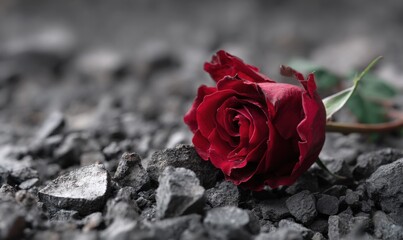 A single red rose rests on a bed of dark gray gravel