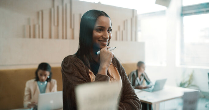 Creative woman, smile and glass wall for thinking, planning and sticky note strategy in office. Business owner, entrepreneur and mood board for agenda, project management or proposal confidence