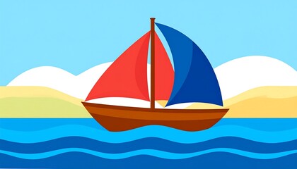 Fototapeta premium A cheerful sailing vessel floats on placid ocean waves, with a sandy beach and bright sky.
