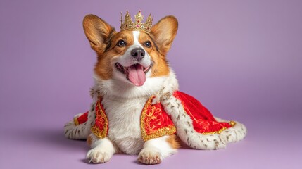 contented cute corgi dressed as royal offering humorous and endearing atmosphere on soft purple background. Suitable for pet greeting cards, posters and pet shop design