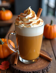 Enjoy a warm pumpkin spice latte, a delightful fall beverage with creamy whipped topping and cinnamon.