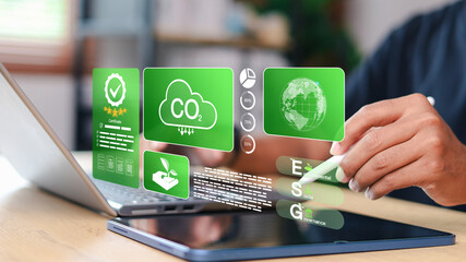 ESG business concept with environmental sustainability, carbon footprint reduction, certification, green technology, governance and social responsibility for future companies.