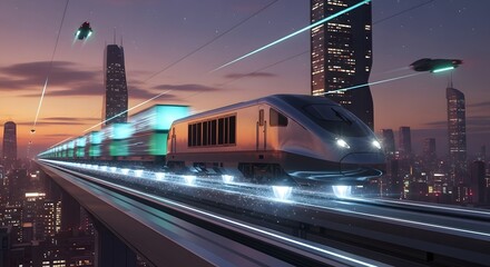 High-speed maglev cargo train with glowing containers, futuristic logistics hub, neon lights and holographic signage