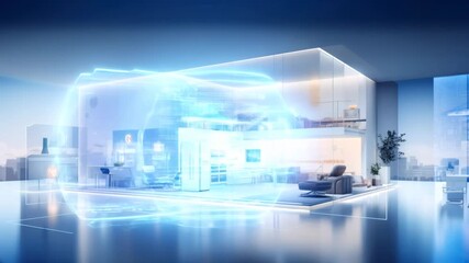 Futuristic smart home interior with holographic interfaces, captured from a wide-angle perspective. Ideal for tech video concepts. Live desktop wallpaper. - Powered by Adobe