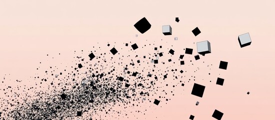 Abstract composition of cubes and particles scattered across a gradient peachy background