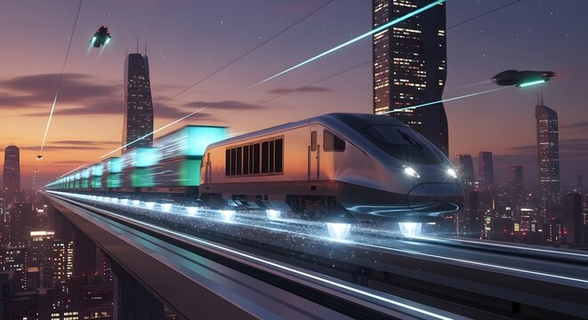 High-speed maglev cargo train with glowing containers, futuristic logistics hub, neon lights and holographic signage
