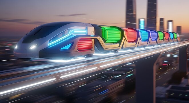 High-speed maglev cargo train with glowing containers, futuristic logistics hub, neon lights and holographic signage
