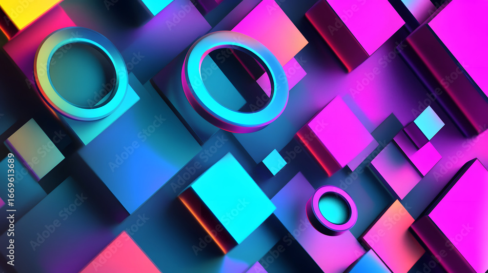 Aufkleber dynamic abstract 3d geometric shapes with vibrant neon glow and futuristic design elements.