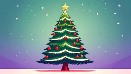 Decorated Christmas tree on snowy ground against a night sky