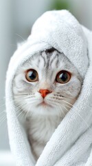 Vertical close-up portrait of happy British cat with white towel wrapped around head in blurred bathroom. cheerful expression and clean background create charming spa concept