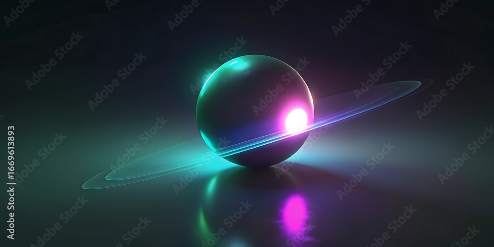 Poster a glowing sphere with a ring of light particles orbits around it, illuminated by teal and magenta li