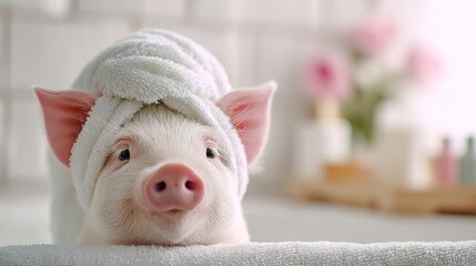 Close-up cheerful pig with white towel wrapped around head, enjoying relaxing spa moment in bright clean bathroom. Perfect for wellness campaigns, animal humor projects and pet care promotions