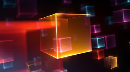 Glowing neon cube in futuristic digital space with vibrant abstract light effects holographic geometry techno background cyber aesthetic - Powered by Adobe