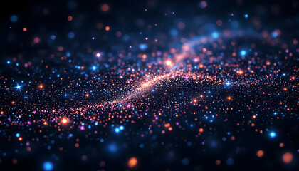 Abstract cosmic background with clusters of sparkling generic color particles. The particles form a blurred stream, creating a dreamy and ethereal effect against a dark backdrop.