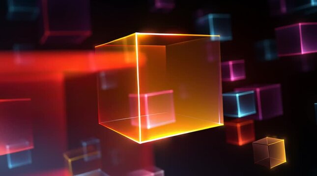 Glowing neon cube in futuristic digital space with vibrant abstract light effects holographic geometry techno background cyber aesthetic - Powered by Adobe