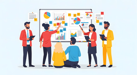 Business Team Meeting for Data Analysis and Strategy Planning on Whiteboard