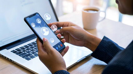Modern professional connecting with network via smartphone, symbolizing digital communication and global business opportunities.