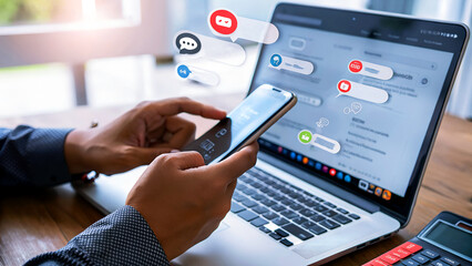 Engaged professional seamlessly managing digital communication and business tasks on phone and laptop, symbolizing connectivity and productivity.