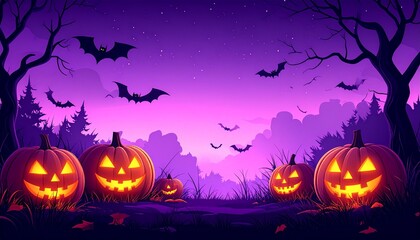 Fototapeta premium Spooky Halloween night background with pumpkins, bats, and a dark tree silhouette