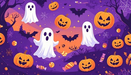 A Halloween seamless pattern with spooky pumpkin, bat, and witch hat illustrations, perfect for an orange and black vector design