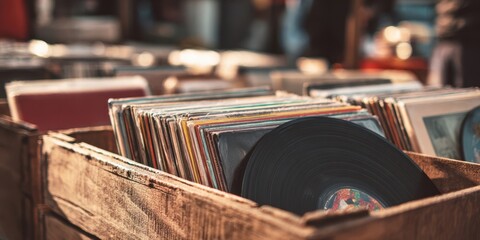 The Vinyl Records Displayed in Wooden Crates Inside a Retro Record Store