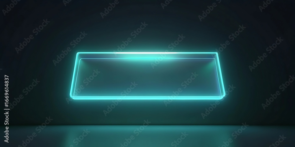 Poster a glowing turquoise neon rectangle shape floating in a dark, minimalist space with subtle reflection