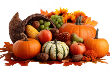 Autumn harvest cornucopia with pumpkins and fruits isolated on transparent background