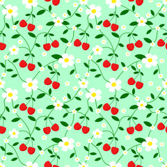 Red Cherry and white flowers. seamless pattern for decorating all fashion designs, fabrics, wallpapers and prints. on a light blue background. Flat vector illustration design
