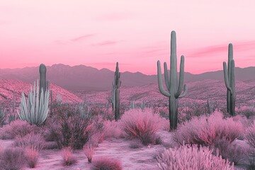 Dreamlike desert scene with iconic cacti under pink sky, evoking feelings of peace, surrealism and modern beauty. Great for travel editorials, mindfulness content and trendy digital illustrations