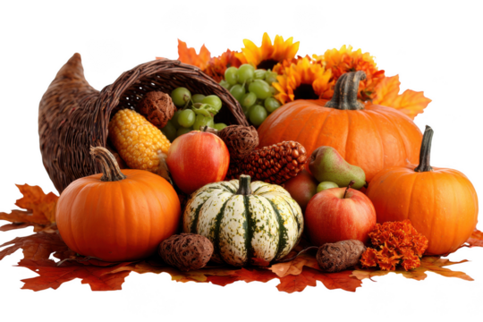 Autumn harvest cornucopia with pumpkins and fruits isolated on transparent background