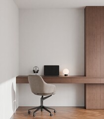 Modern Minimalist Home Office Interior with Wooden Desk, Modern Chair and Frame Poster Mockup 