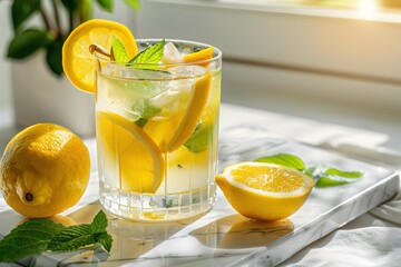 Bright and refreshing citrus cocktail in clear glass with lemon slices and fresh mint sprigs on marble tray under natural sunlight. Ideal for summer drink menus, wellness blogs and lifestyle branding