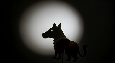 Fototapeta premium Dramatic lighting illuminates a cutout silhouette resembling an animal, casting a stark shadow against a white backdrop.