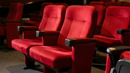 Rows of Red Velvet Theater Seats in a Dimly Lit Auditorium