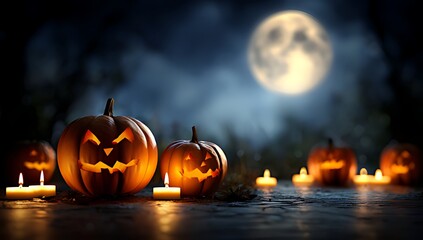 Glowing jack o lanterns on a spooky night with full moon