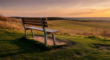 An empty bench sits atop a grassy hill in the warm glow of a sunset with wildflowers dotting the landscape and an expansive view of the valley.