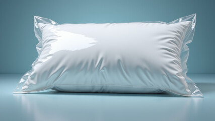 White pillow with soft fabric texture placed on blue surface background