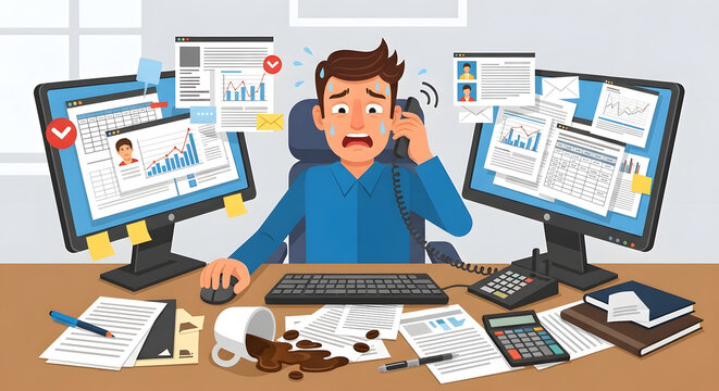 Stressed office worker illustration overwhelmed by multiple tasks, phone calls, and deadlines at a messy desk with spilled coffee.