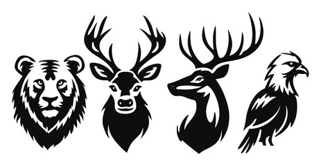 Silhouette Illustrations of Wild Animals Including Bear, Deer, and Eagle