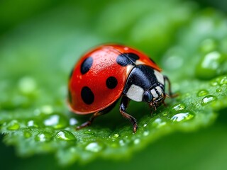 Fototapeta premium Macro photography of a red ladybug with black spots resting on a green leaf covered in dew drops. Symbol of luck, nature, and biodiversity