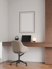 Modern Minimalist Home Office Interior with Wooden Desk, Modern Chair and Frame Poster Mockup 