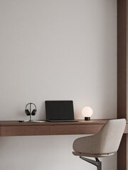 Modern Minimalist Home Office Interior with Wooden Desk, Modern Chair and Frame Poster Mockup 