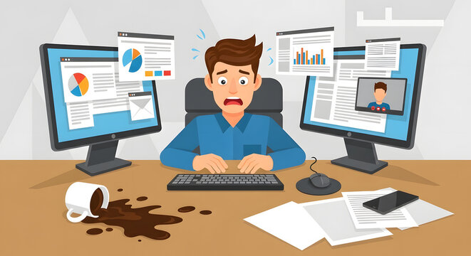 Overwhelmed Employee: Work Overload, Multitasking, Stress, and Burnout at Desk with Spilled Coffee and Multiple Screens
