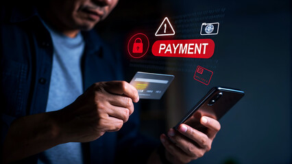 Man securely makes online payment using credit card and smartphone, digital security icons glowing