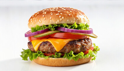 Burger with lettuce and tomato in white background, Beef burger in isolated background