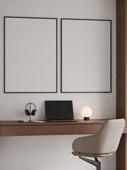 Modern Minimalist Home Office Interior with Wooden Desk, Modern Chair and Frame Poster Mockup 