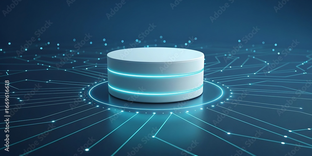 Poster abstract digital data storage cylinder with glowing blue circuits and nodes on a dark background.