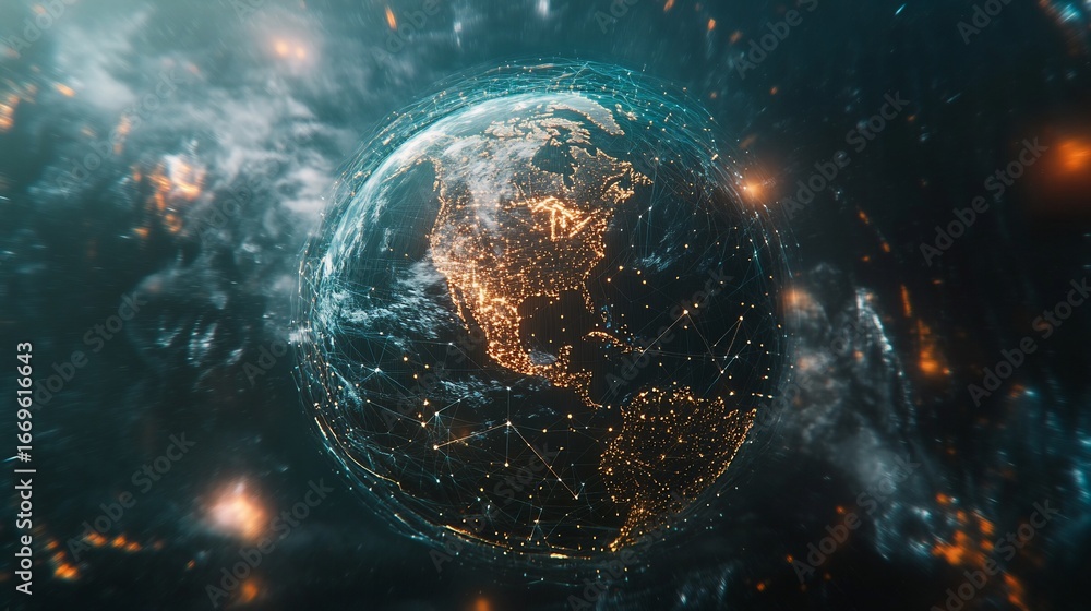 Poster global network connectivity, data visualization of planet earth